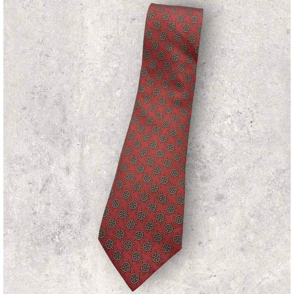 HERMÈS 7317 EA Silk Tie FRANCE Brick Red Gray Boat Wheel W:3.4" EUC